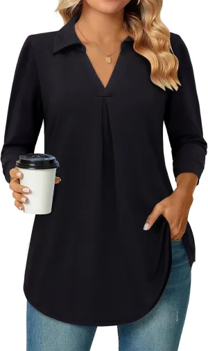 Bulotus Women's 3/4 Sleeve Tunic Shirts Business Casual Blouses V Neck Work Tops