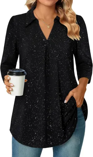 Bulotus Women's 3/4 Sleeve Tunic Shirts Business Casual Blouses V Neck Work Tops