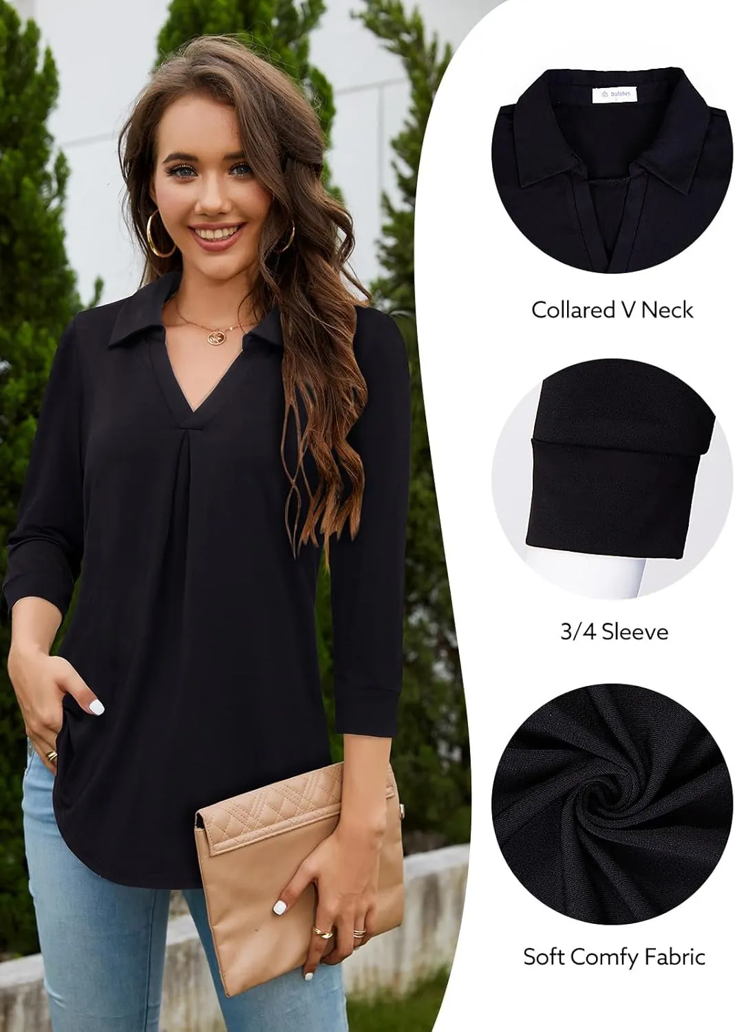 Bulotus Women's 3/4 Sleeve Tunic Shirts Business Casual Blouses V Neck Work Tops