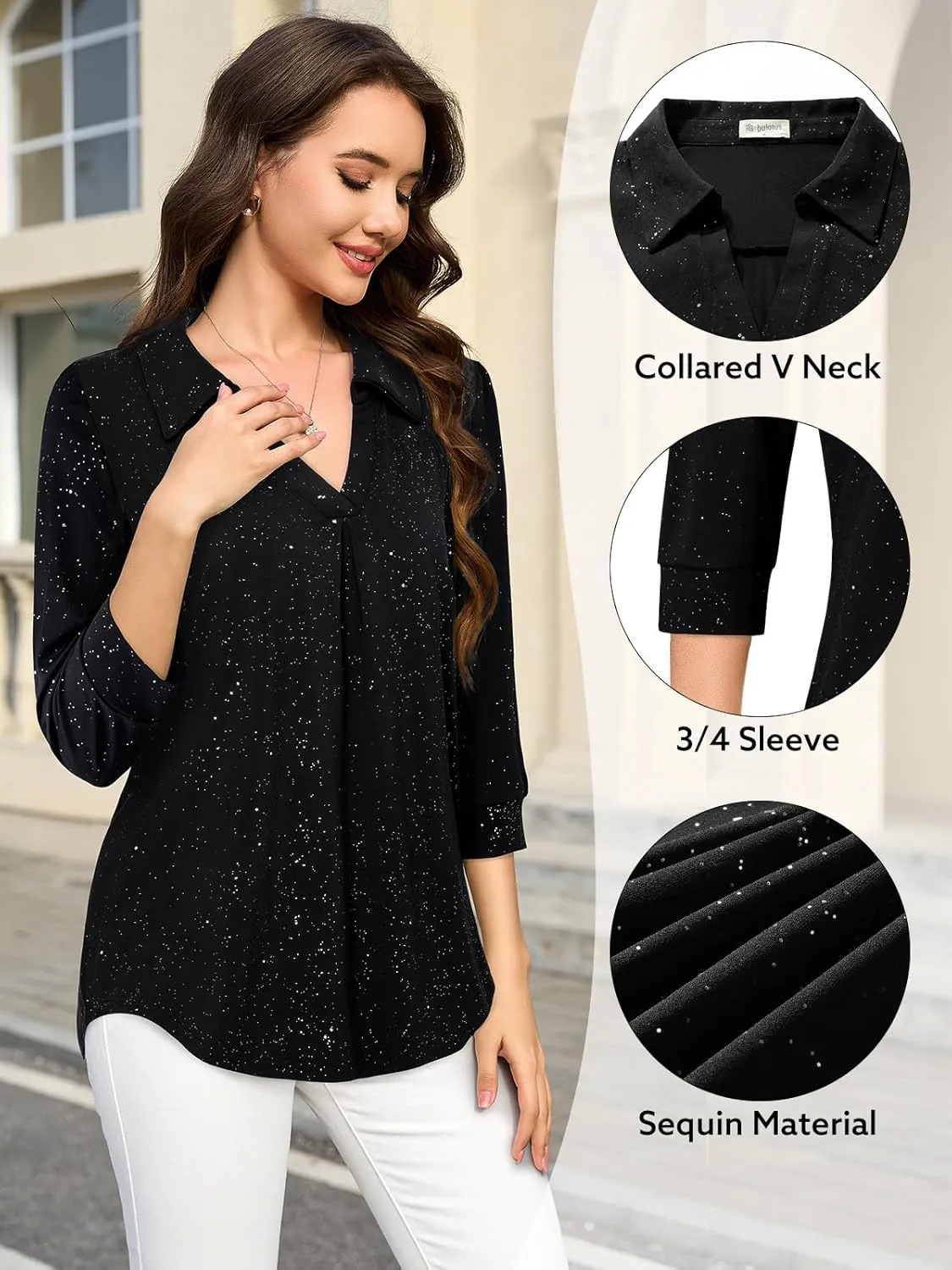 Bulotus Women's 3/4 Sleeve Tunic Shirts Business Casual Blouses V Neck Work Tops