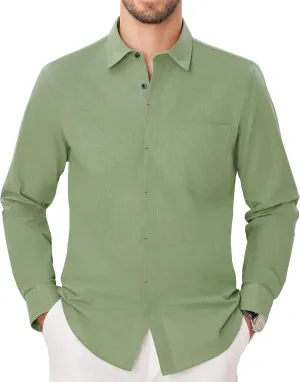 Button Down Linen Shirts for Men Casual Long Sleeve Shirts Cotton Linen Shirt with Pockets Speard Collar