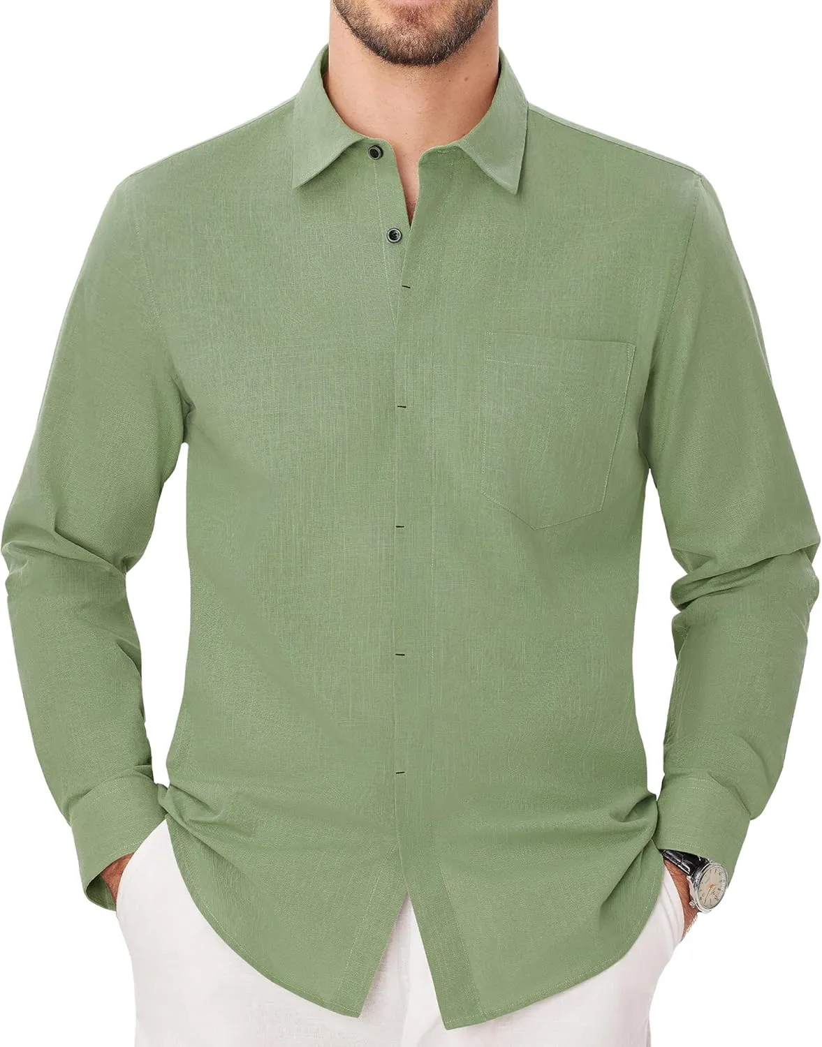 Button Down Linen Shirts for Men Casual Long Sleeve Shirts Cotton Linen Shirt with Pockets Speard Collar