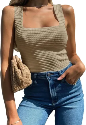 BZB Womens Ribbed Tank Tops 2025 Summer Sleeveless Square Neck Shirts Casual Slim Fitted Knit Shirts