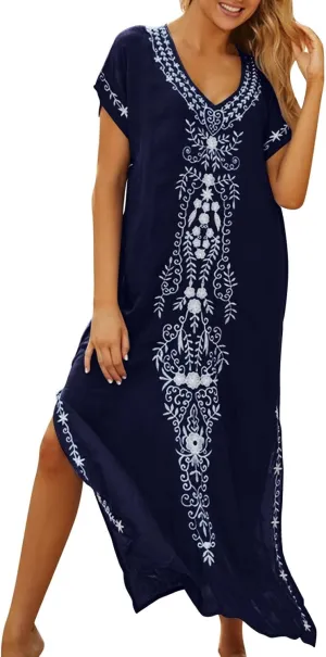 Caftan Dresses for Women Embroidery Short Sleeve Beach Cover Up V Neck Maxi Kaftan Dress