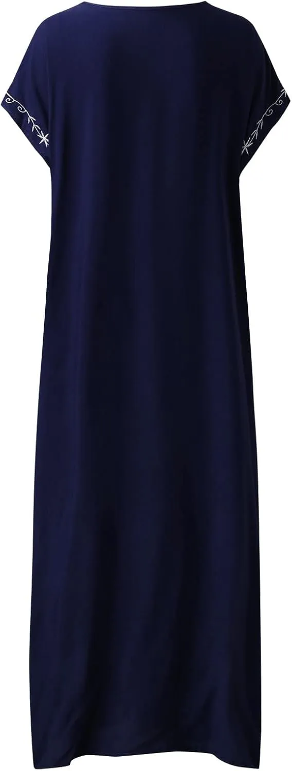 Caftan Dresses for Women Embroidery Short Sleeve Beach Cover Up V Neck Maxi Kaftan Dress