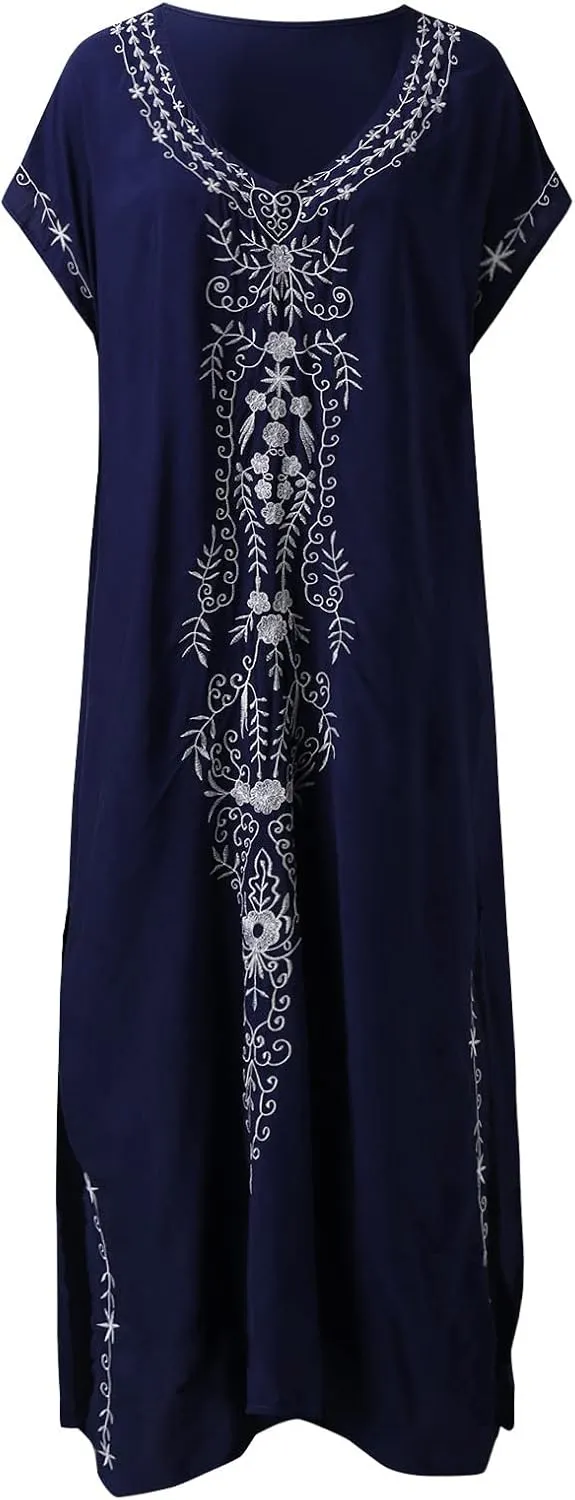Caftan Dresses for Women Embroidery Short Sleeve Beach Cover Up V Neck Maxi Kaftan Dress