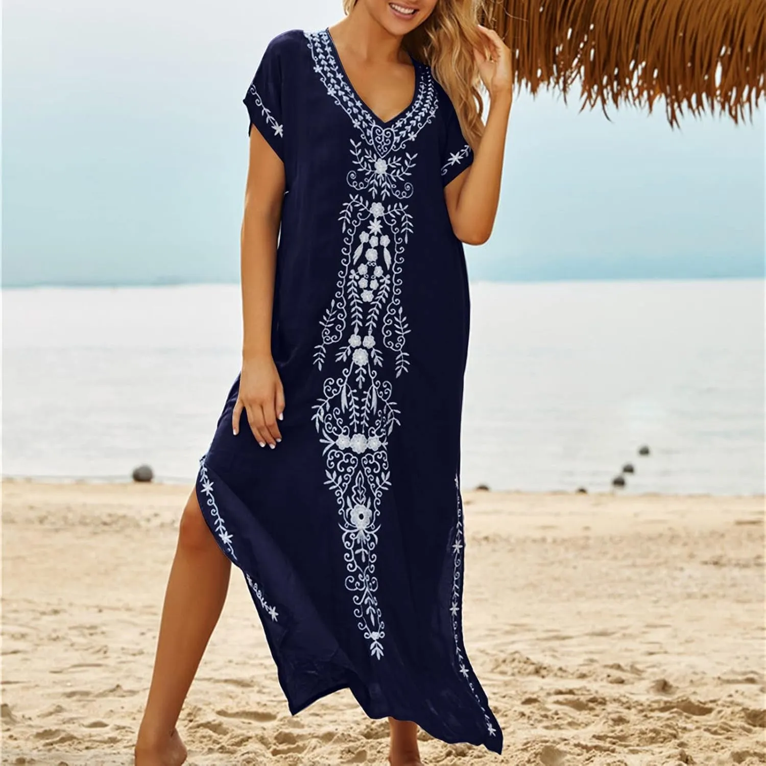 Caftan Dresses for Women Embroidery Short Sleeve Beach Cover Up V Neck Maxi Kaftan Dress