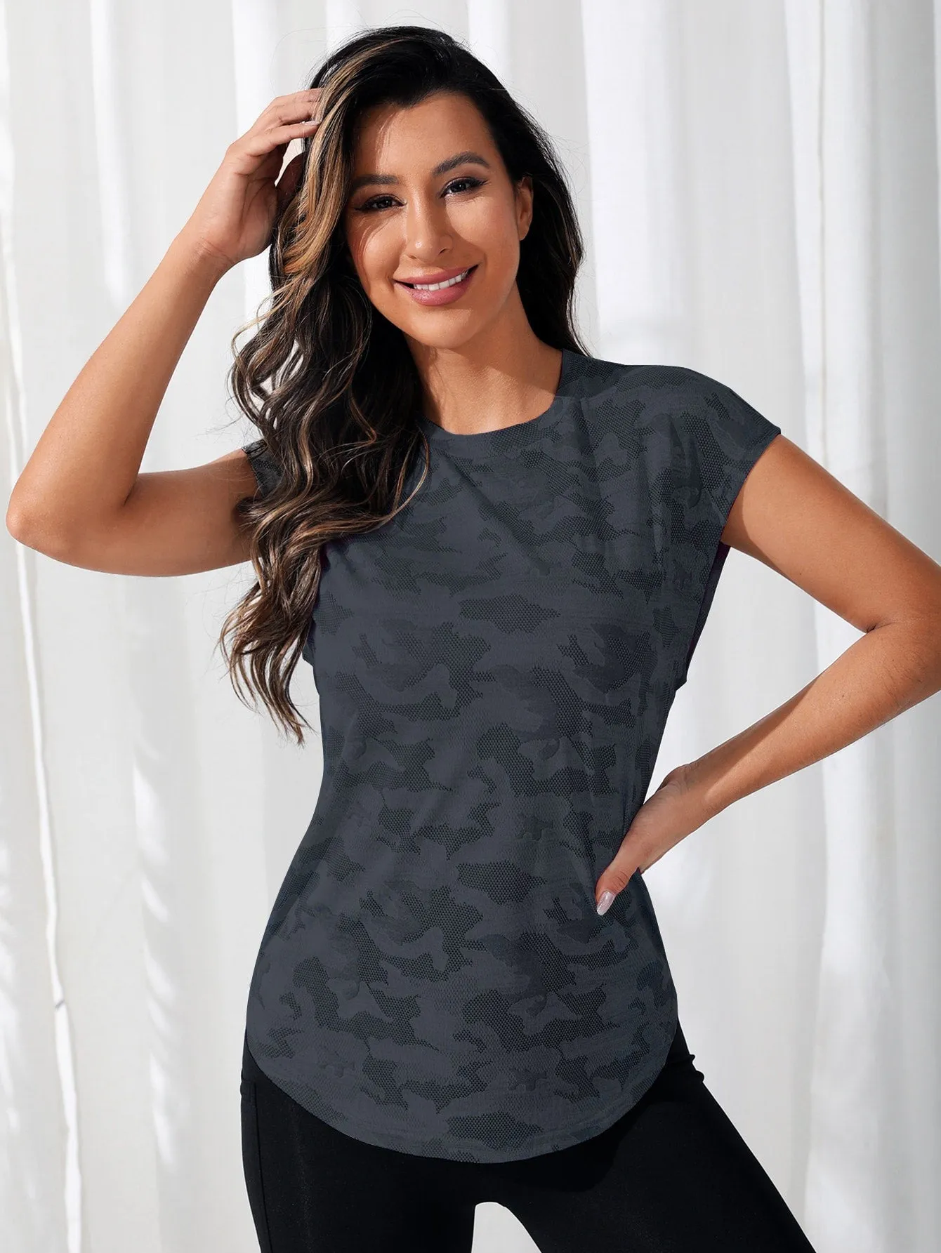 Camo Print Batwing Sleeve Curved Hem Active Tee SS23