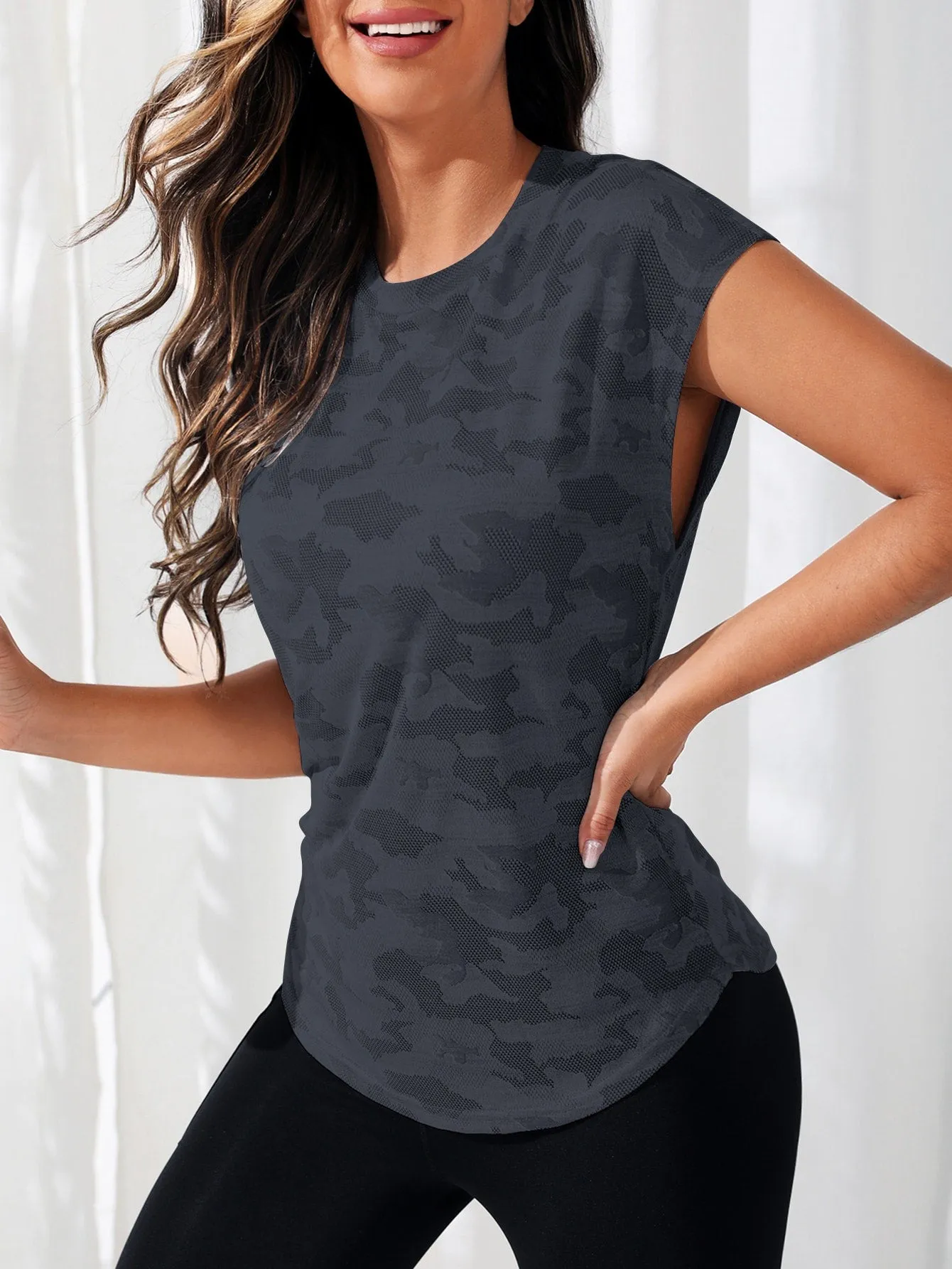 Camo Print Batwing Sleeve Curved Hem Active Tee SS23