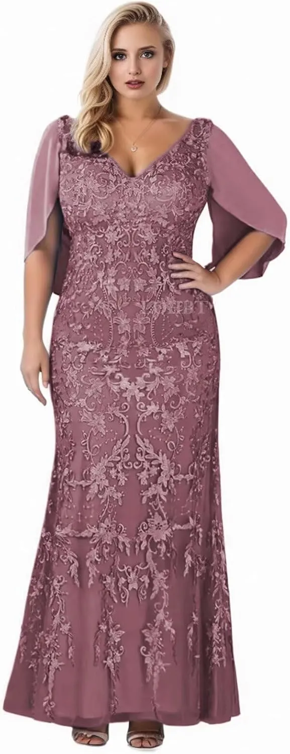 Cape Sleeves Mother of The Bride Dresses for Wedding Lace Appliques V-Neck Chiffon Mermaid Maxi Formal Evening Gowns