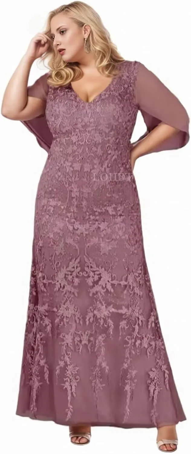 Cape Sleeves Mother of The Bride Dresses for Wedding Lace Appliques V-Neck Chiffon Mermaid Maxi Formal Evening Gowns