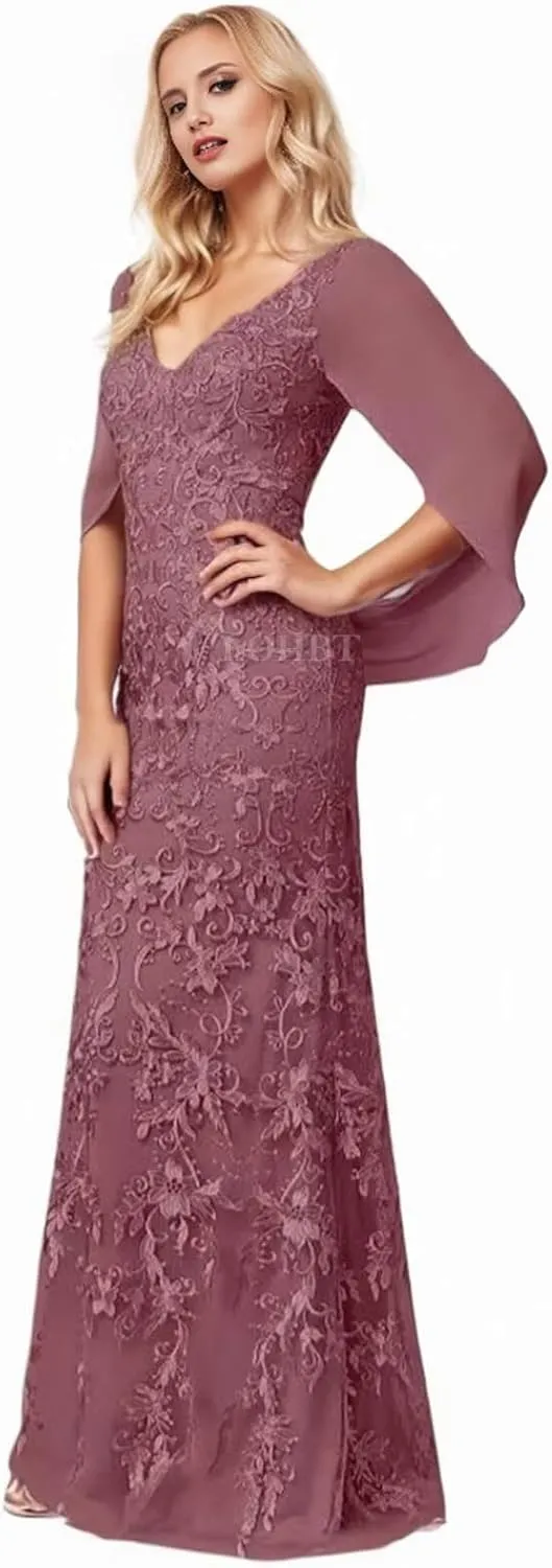 Cape Sleeves Mother of The Bride Dresses for Wedding Lace Appliques V-Neck Chiffon Mermaid Maxi Formal Evening Gowns