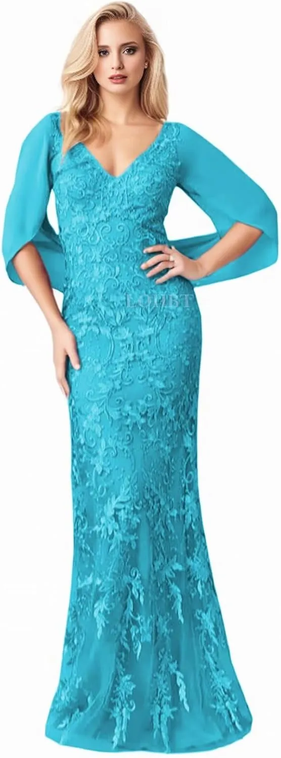 Cape Sleeves Mother of The Bride Dresses for Wedding Lace Appliques V-Neck Chiffon Mermaid Maxi Formal Evening Gowns