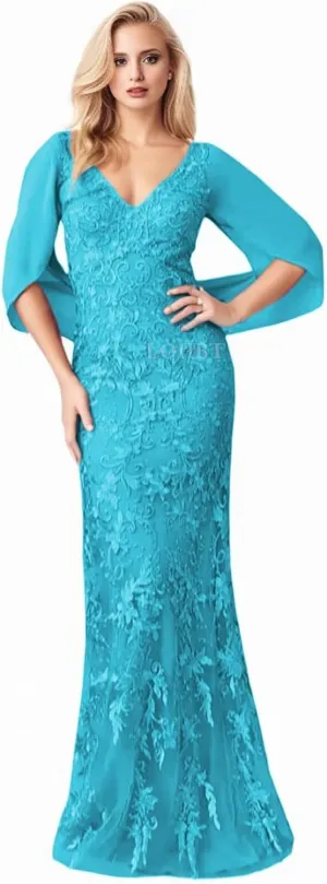 Cape Sleeves Mother of The Bride Dresses for Wedding Lace Appliques V-Neck Chiffon Mermaid Maxi Formal Evening Gowns