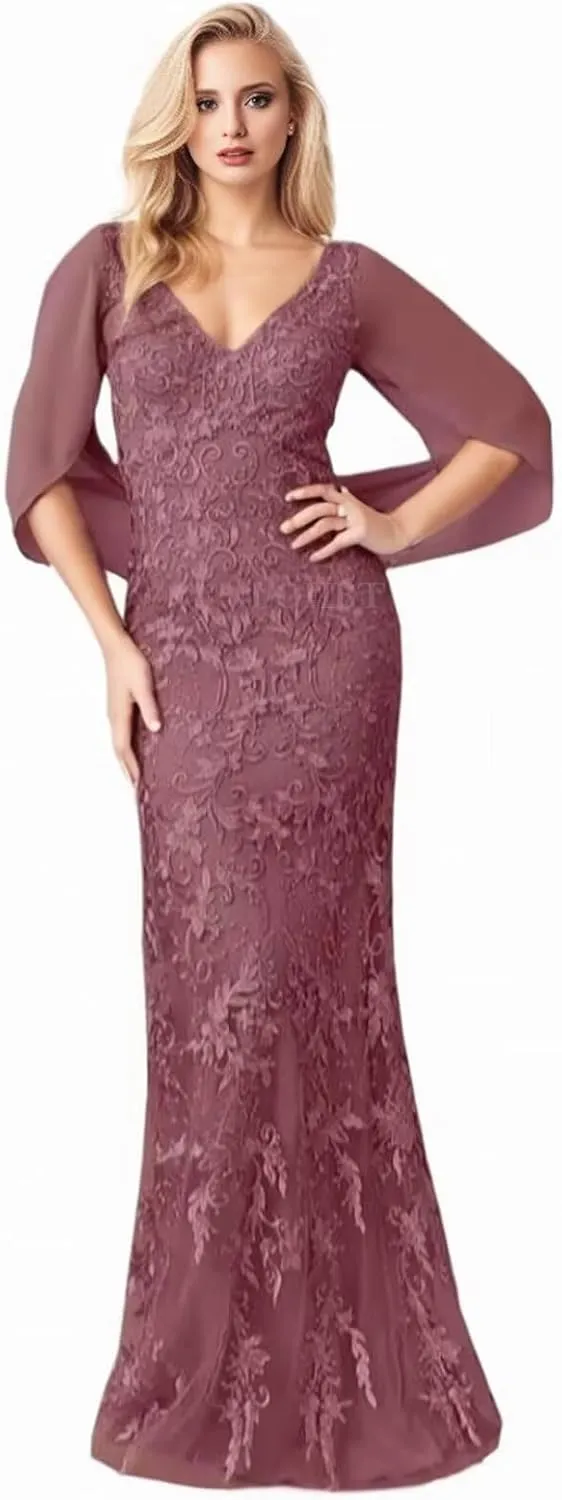 Cape Sleeves Mother of The Bride Dresses for Wedding Lace Appliques V-Neck Chiffon Mermaid Maxi Formal Evening Gowns