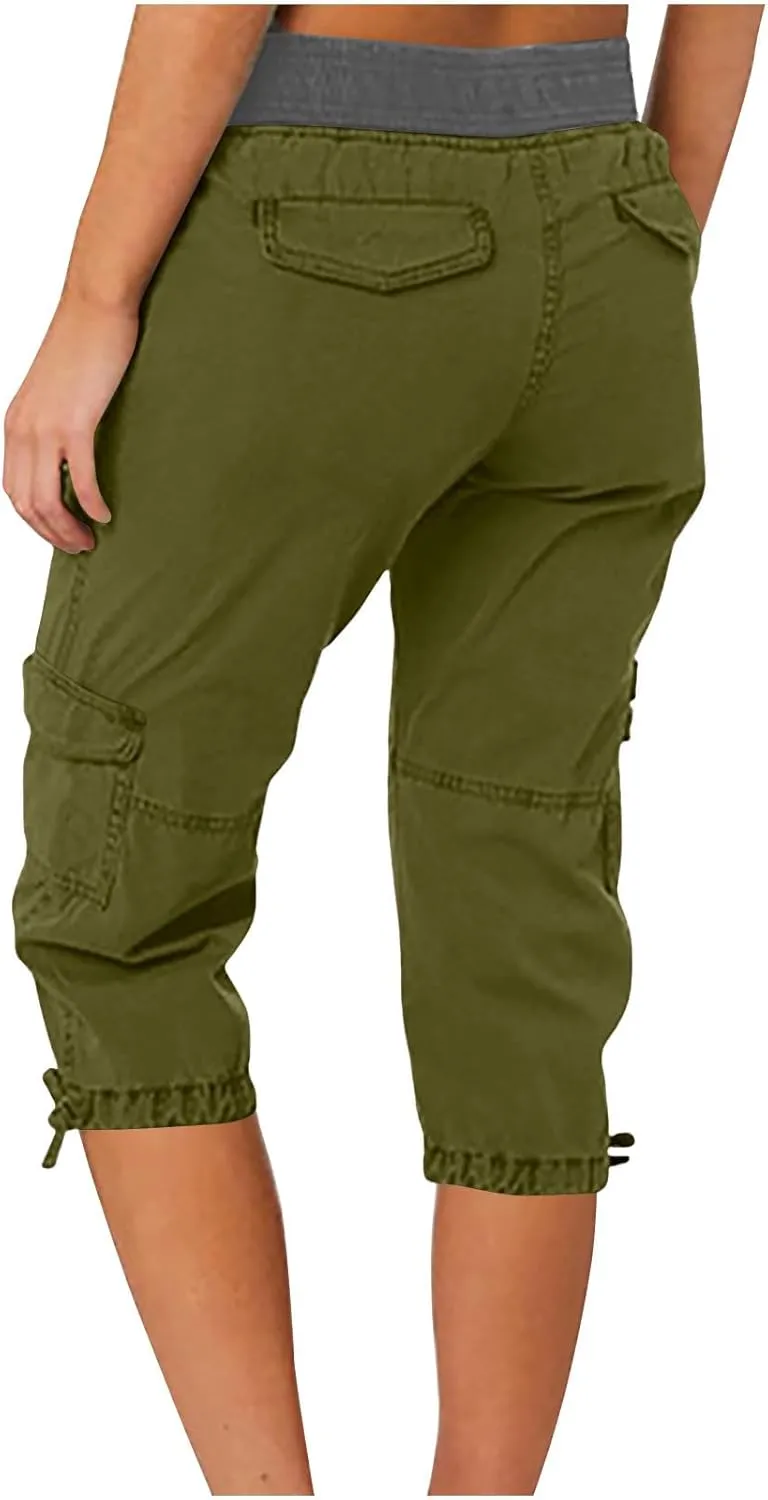 Capri Pants for Women Summer Cargo Capris with Pockets Drawstring Casual Hiking Solid Elastic Waist Cropped Trousers