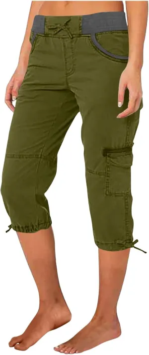 Capri Pants for Women Summer Cargo Capris with Pockets Drawstring Casual Hiking Solid Elastic Waist Cropped Trousers