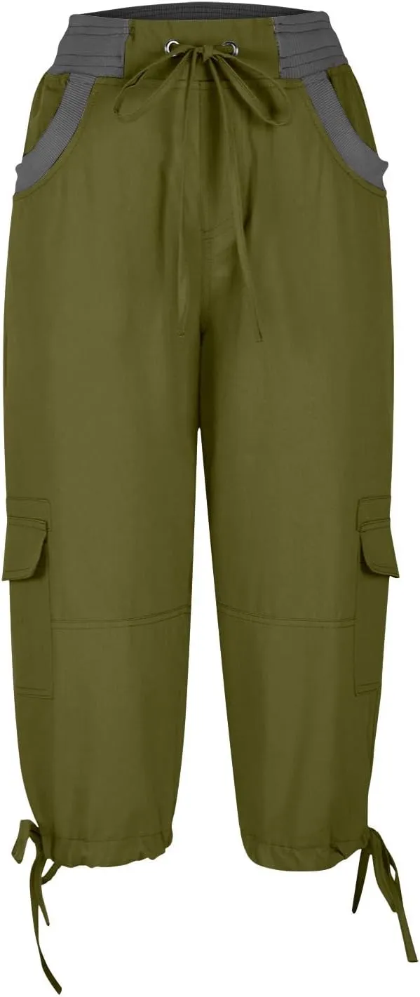 Capri Pants for Women Summer Cargo Capris with Pockets Drawstring Casual Hiking Solid Elastic Waist Cropped Trousers