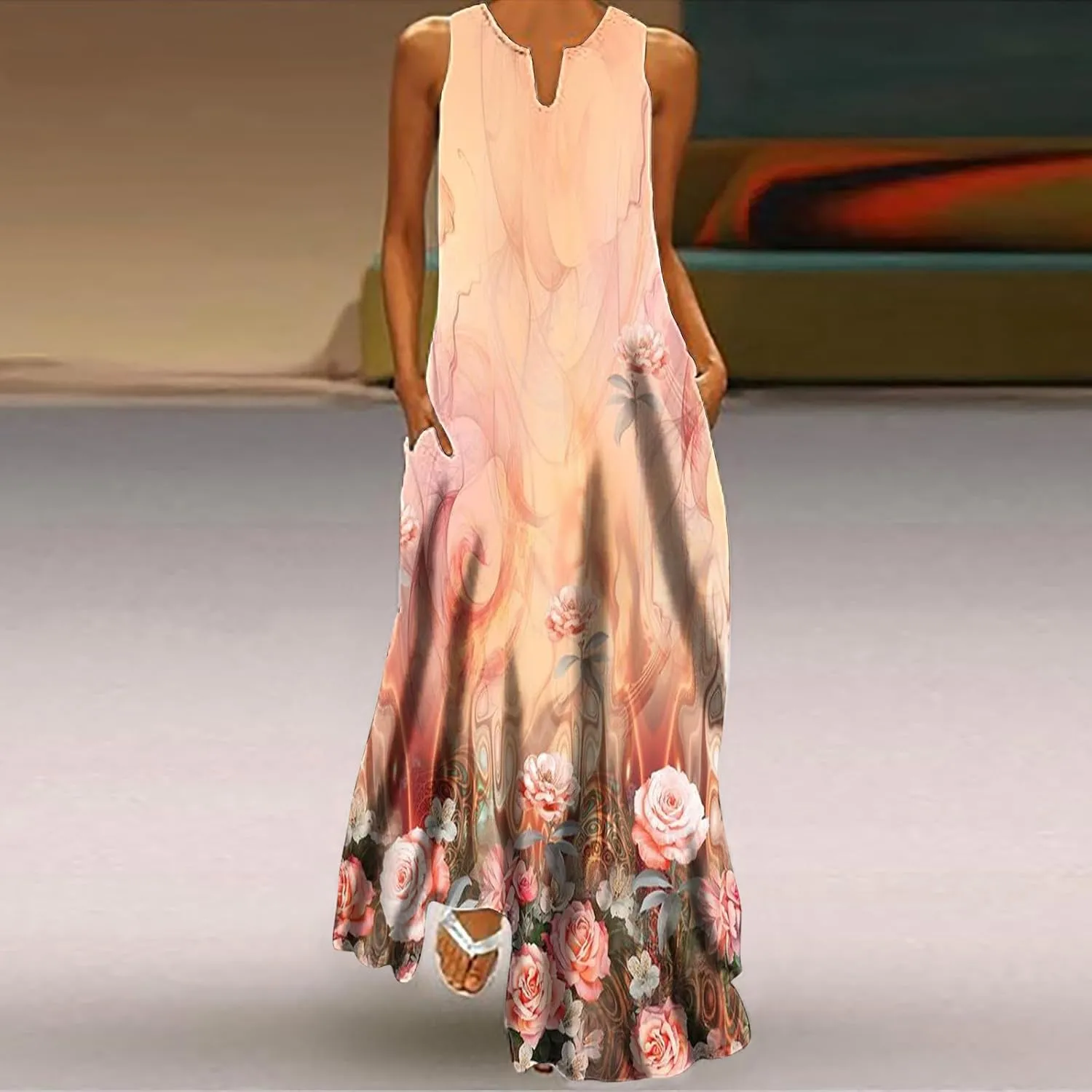 Ceboyel Womens Floral Summer Maxi Dress Flowy Casual Sundress Sleeveless Long Dresses Trendy Boho Ladies Clothing 2023