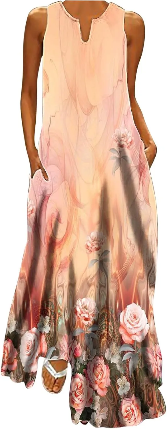 Ceboyel Womens Floral Summer Maxi Dress Flowy Casual Sundress Sleeveless Long Dresses Trendy Boho Ladies Clothing 2023