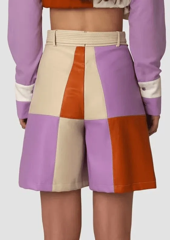 Checker multicolour faux-leather shorts