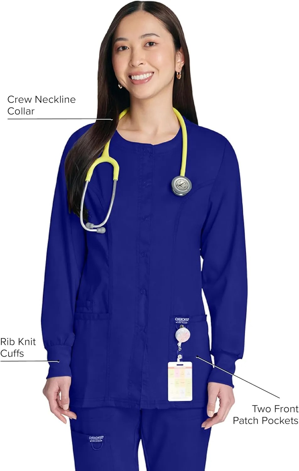 Cherokee Scrub Jackets For Woman, Snap Front with 3 Pockets & 2 way Stretch - WW310