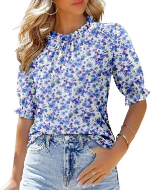 CHICZONE Women's Mock Neck Summer Tops Ruffle Short Sleeve Keyhole Back Casual Boho Blouses