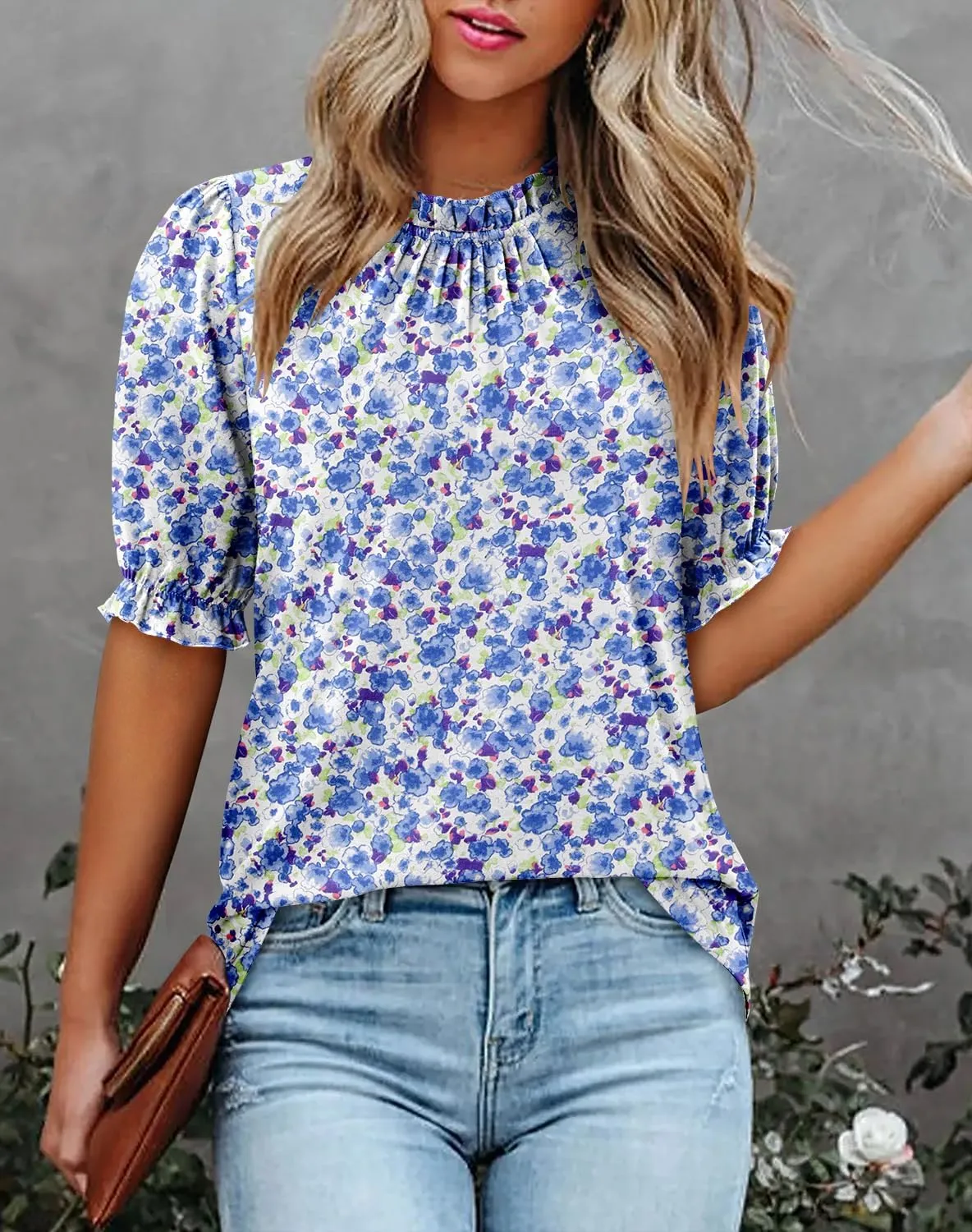 CHICZONE Women's Mock Neck Summer Tops Ruffle Short Sleeve Keyhole Back Casual Boho Blouses