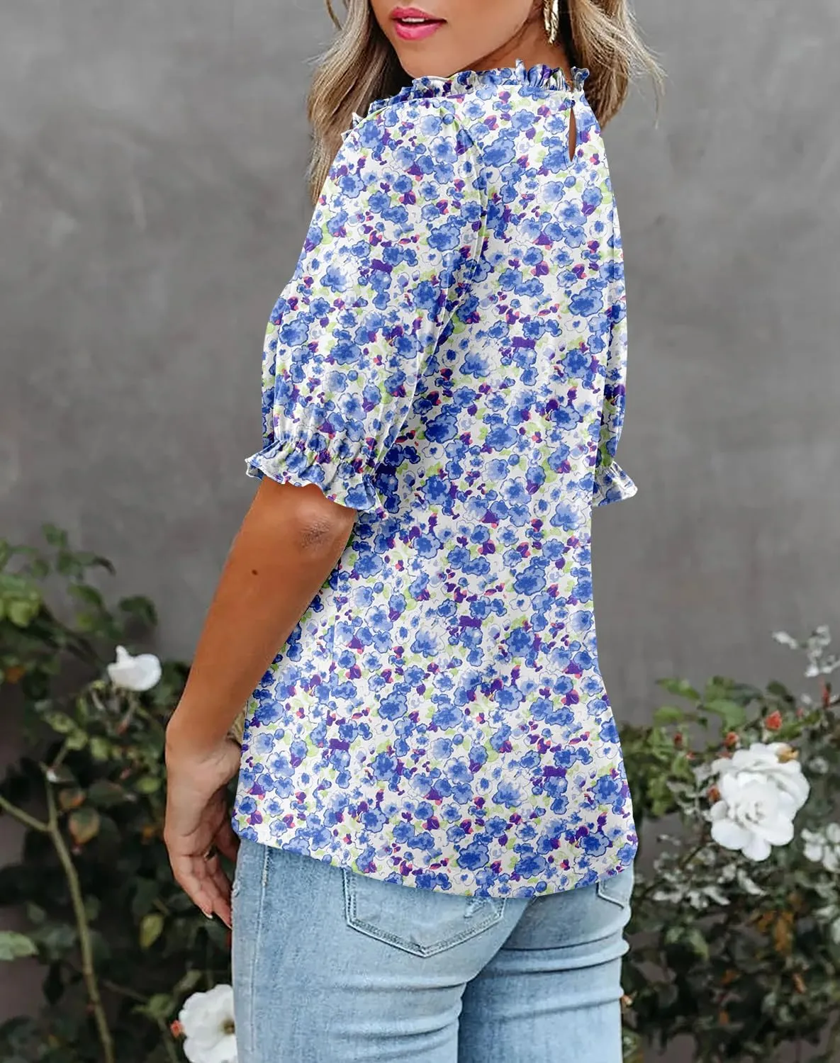 CHICZONE Women's Mock Neck Summer Tops Ruffle Short Sleeve Keyhole Back Casual Boho Blouses