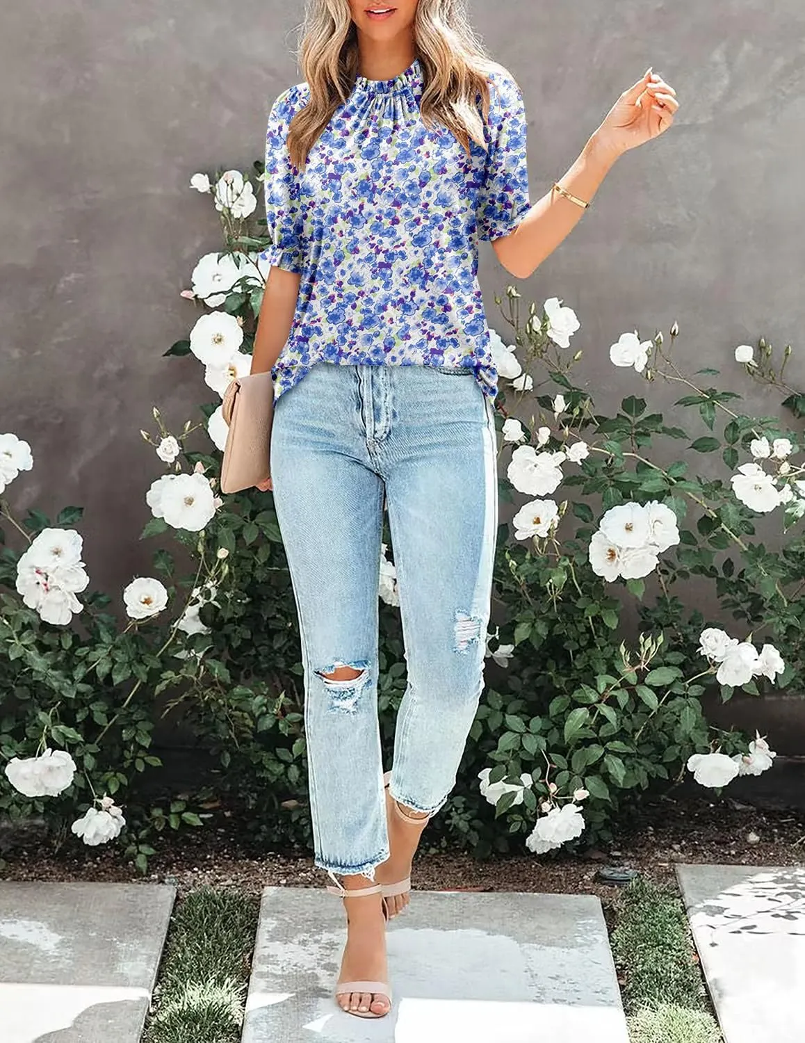 CHICZONE Women's Mock Neck Summer Tops Ruffle Short Sleeve Keyhole Back Casual Boho Blouses
