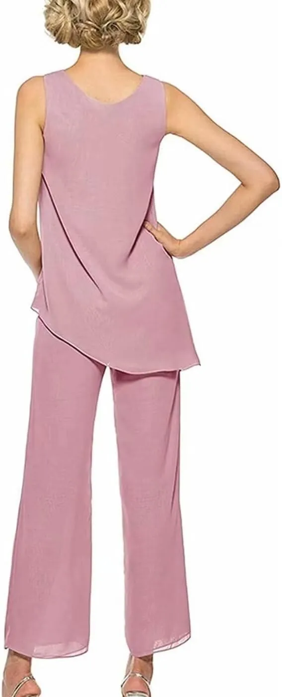 Chiffon 3 Pieces Mother of The Bride Pants Suits for Wedding Long Sleeves Evening Gown with Jacket Outfit Set