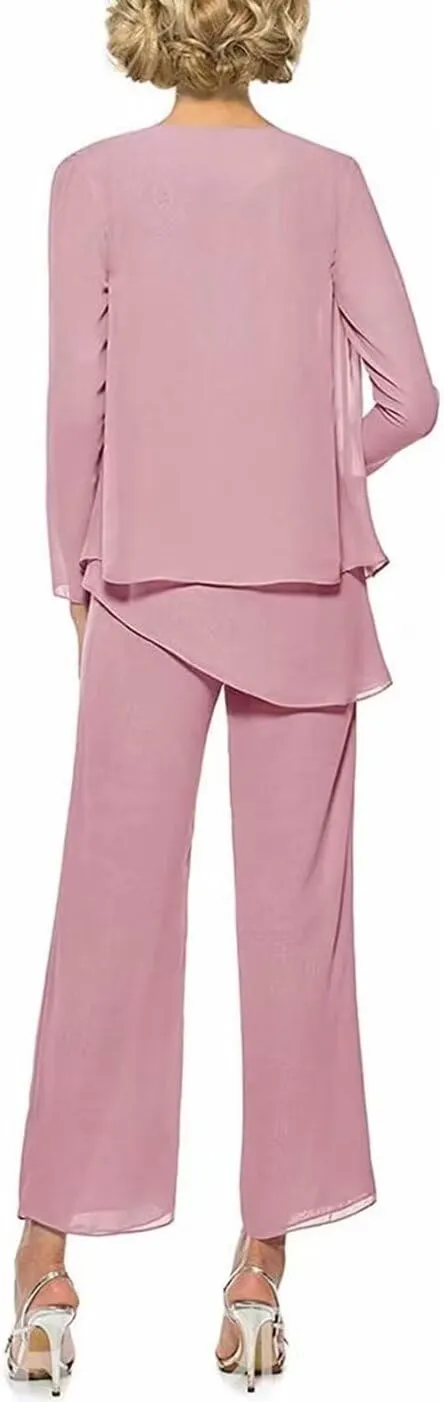 Chiffon 3 Pieces Mother of The Bride Pants Suits for Wedding Long Sleeves Evening Gown with Jacket Outfit Set