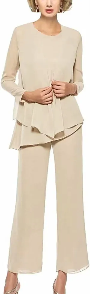 Chiffon 3 Pieces Mother of The Bride Pants Suits for Wedding Long Sleeves Evening Gown with Jacket Outfit Set