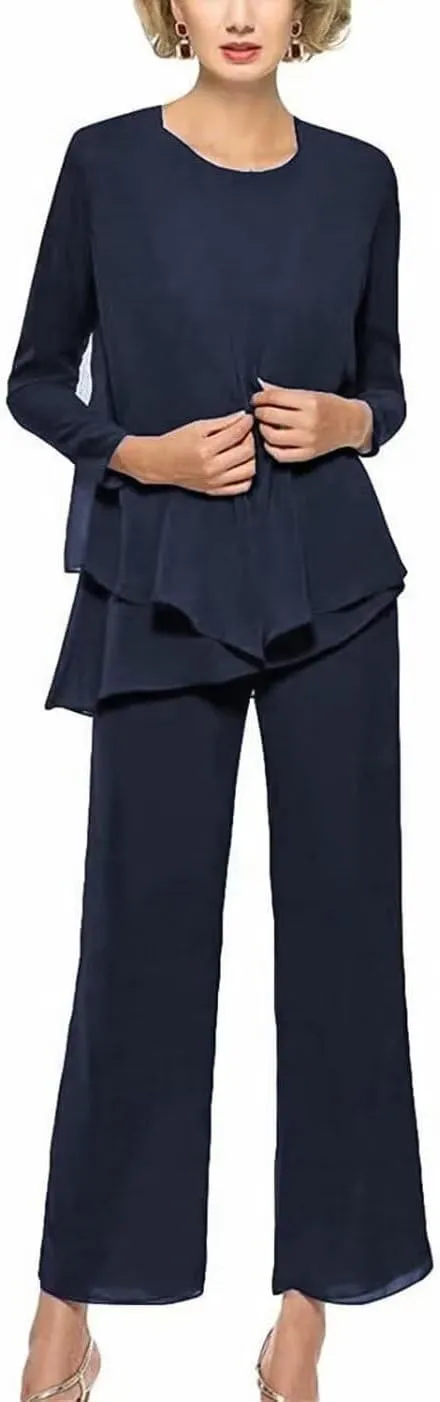 Chiffon 3 Pieces Mother of The Bride Pants Suits for Wedding Long Sleeves Evening Gown with Jacket Outfit Set