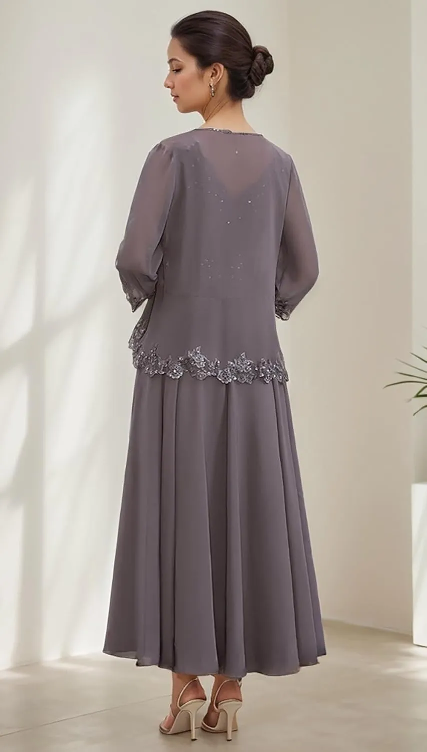 Chiffon Mother of The Bride Dresses for Wedding 2 Pieces Formal Dress with Jacket Lace Evening Party Gown