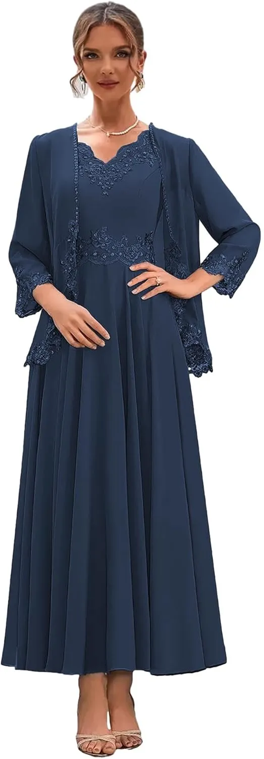 Chiffon Mother of The Bride Dresses for Wedding 2 Pieces Formal Dress with Jacket Lace Evening Party Gown