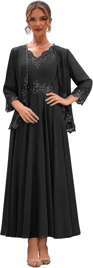 Chiffon Mother of The Bride Dresses for Wedding 2 Pieces Formal Dress with Jacket Lace Evening Party Gown