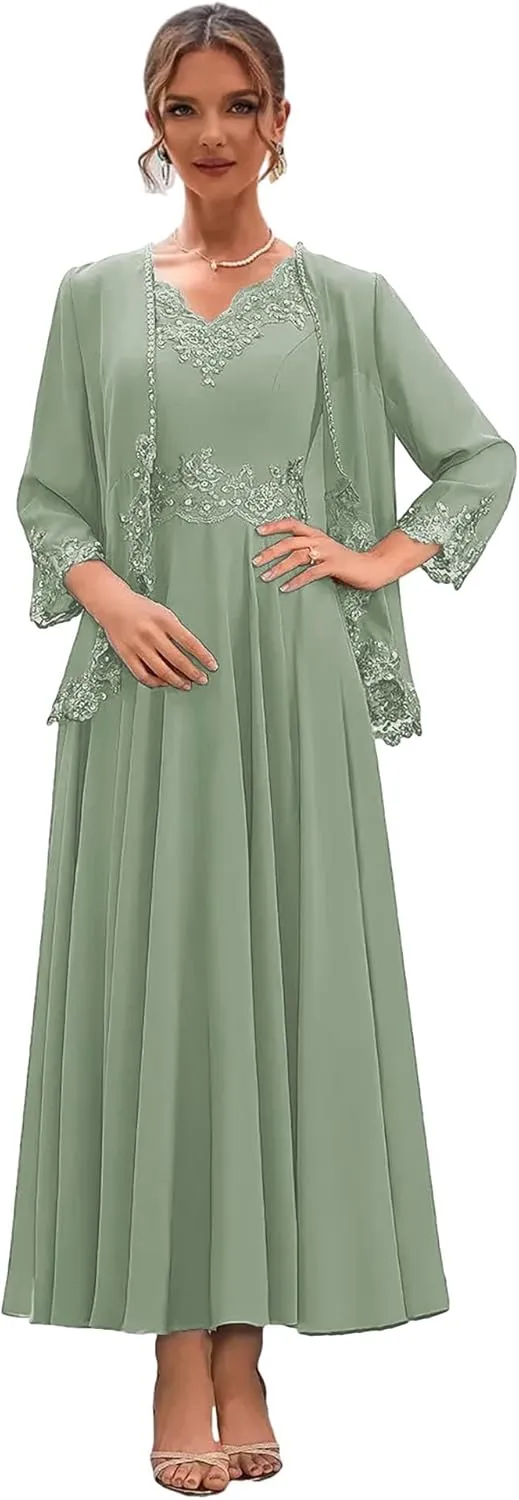 Chiffon Mother of The Bride Dresses for Wedding 2 Pieces Formal Dress with Jacket Lace Evening Party Gown