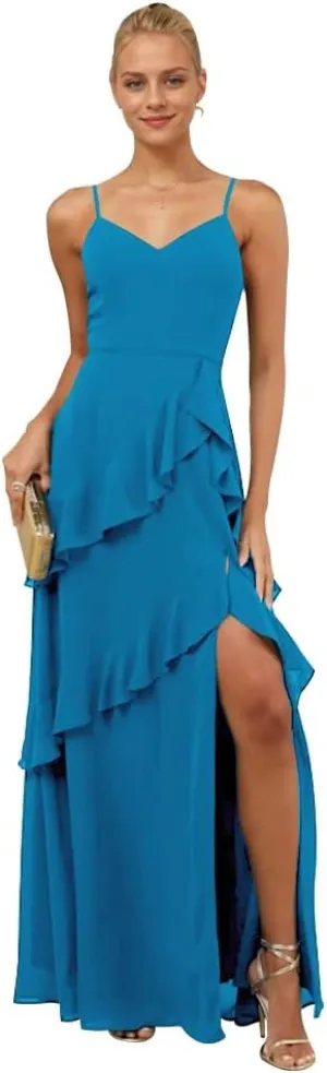 Chiffon Ruffle Bridesmaid Dresses Spaghetti Strap Prom Dress with Slit Formal Mermaid Party Dresses HGR98