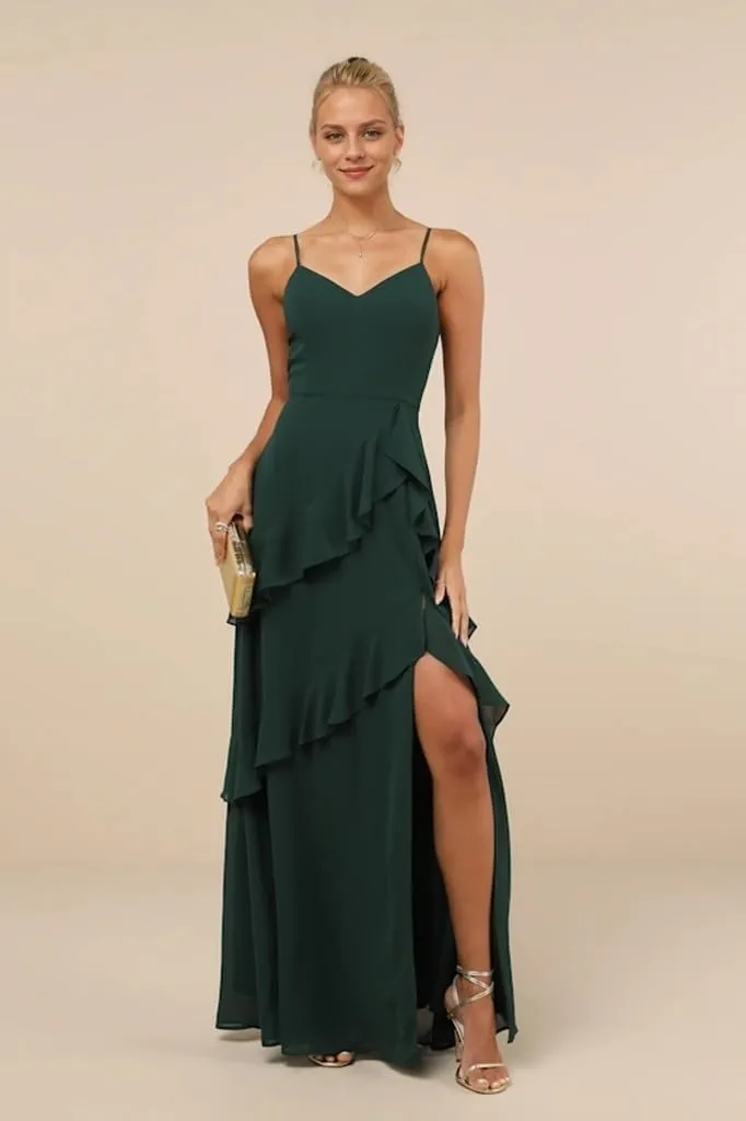 Chiffon Ruffle Bridesmaid Dresses Spaghetti Strap Prom Dress with Slit Formal Mermaid Party Dresses HGR98