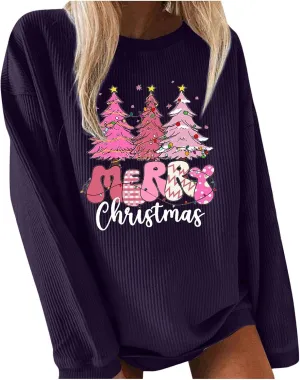 Christmas Sweatshirts Christmas Print Long Sleeved Crew Neck Hoodie Plus Size Womens Sweatshirts Glitter Christmas S