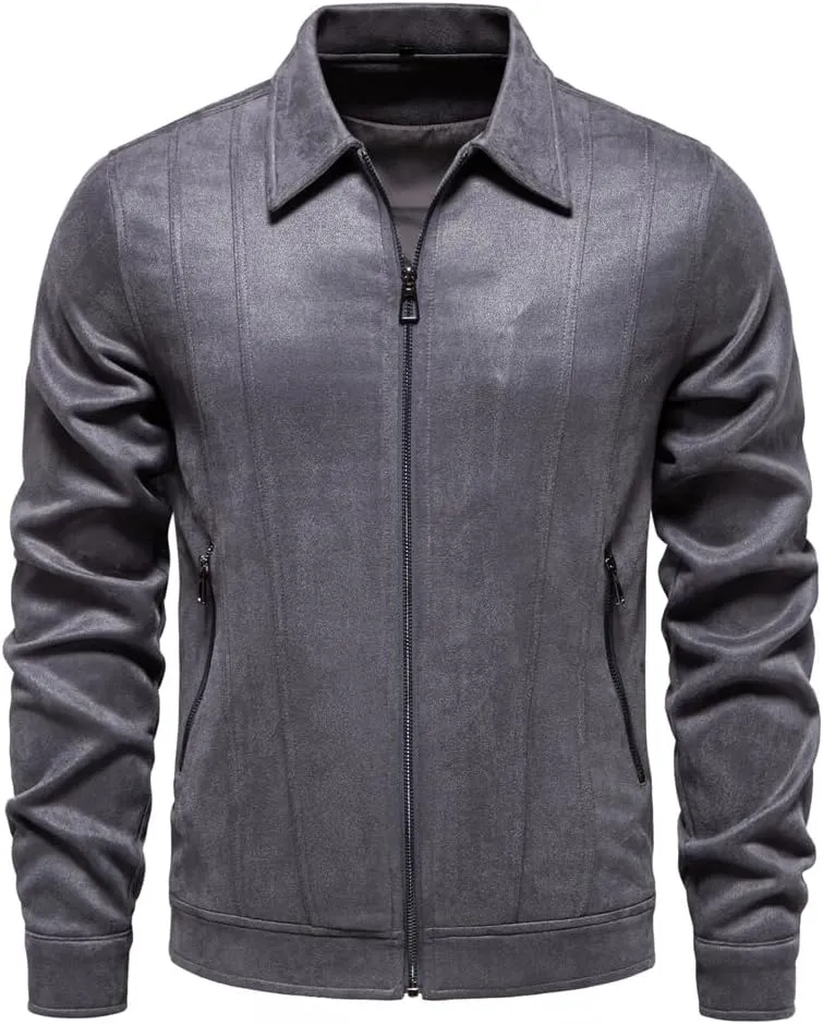Classic Faux Suede Leather Jacket Men Turn Down Collar Lightweight Suede Men's Jackets