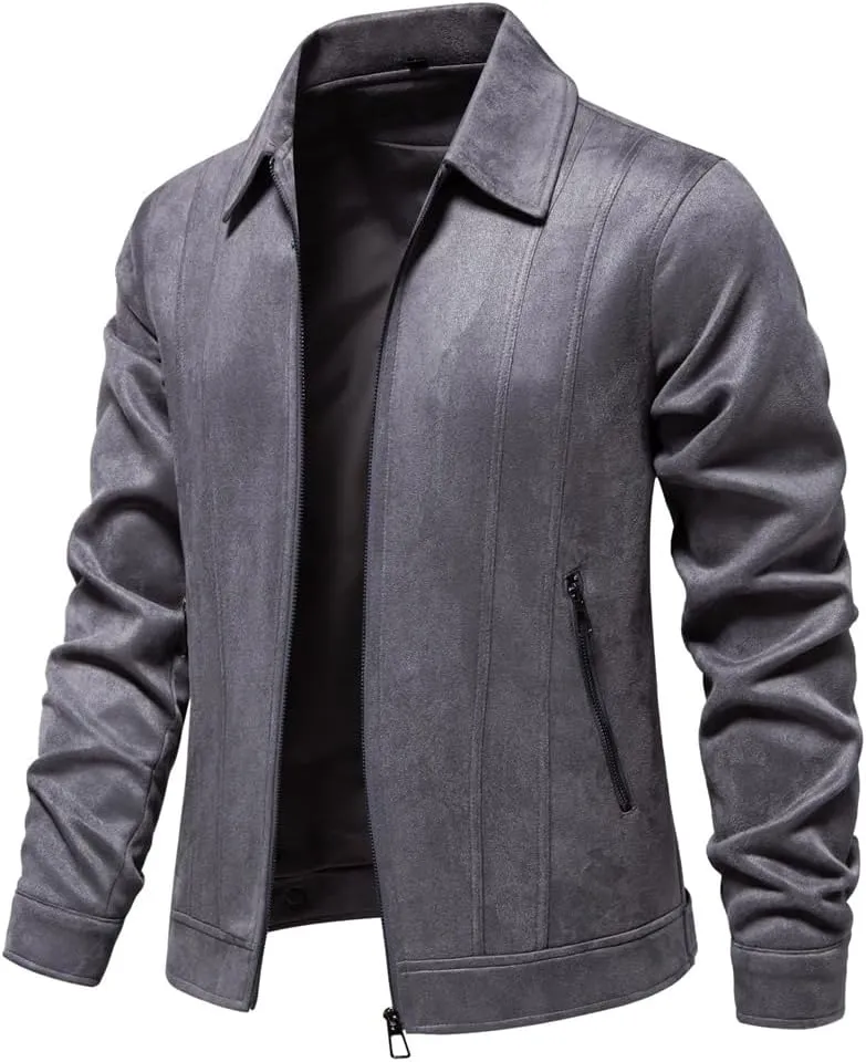 Classic Faux Suede Leather Jacket Men Turn Down Collar Lightweight Suede Men's Jackets