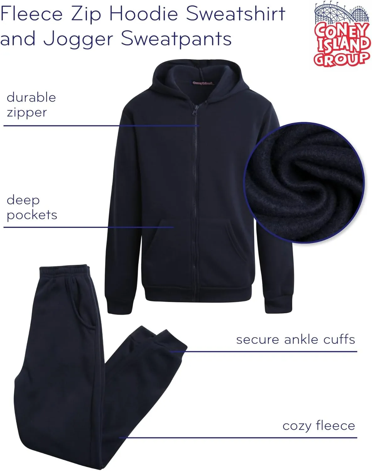 Coney Island Boys Active Tracksuit Set - 2 Piece Fleece Zip Up Hoodie Sweatshirt and Jogger Sweatpants for Boys (Sizes: 5-16)