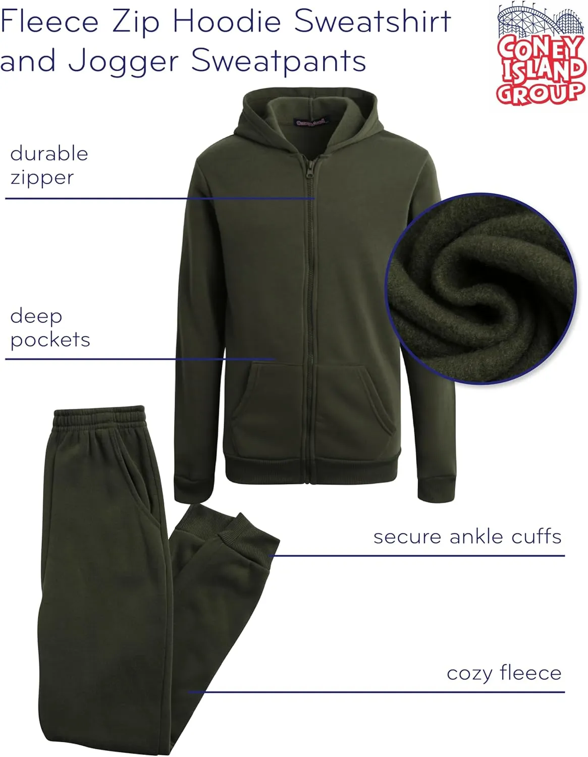 Coney Island Boys Active Tracksuit Set - 2 Piece Fleece Zip Up Hoodie Sweatshirt and Jogger Sweatpants for Boys (Sizes: 5-16)