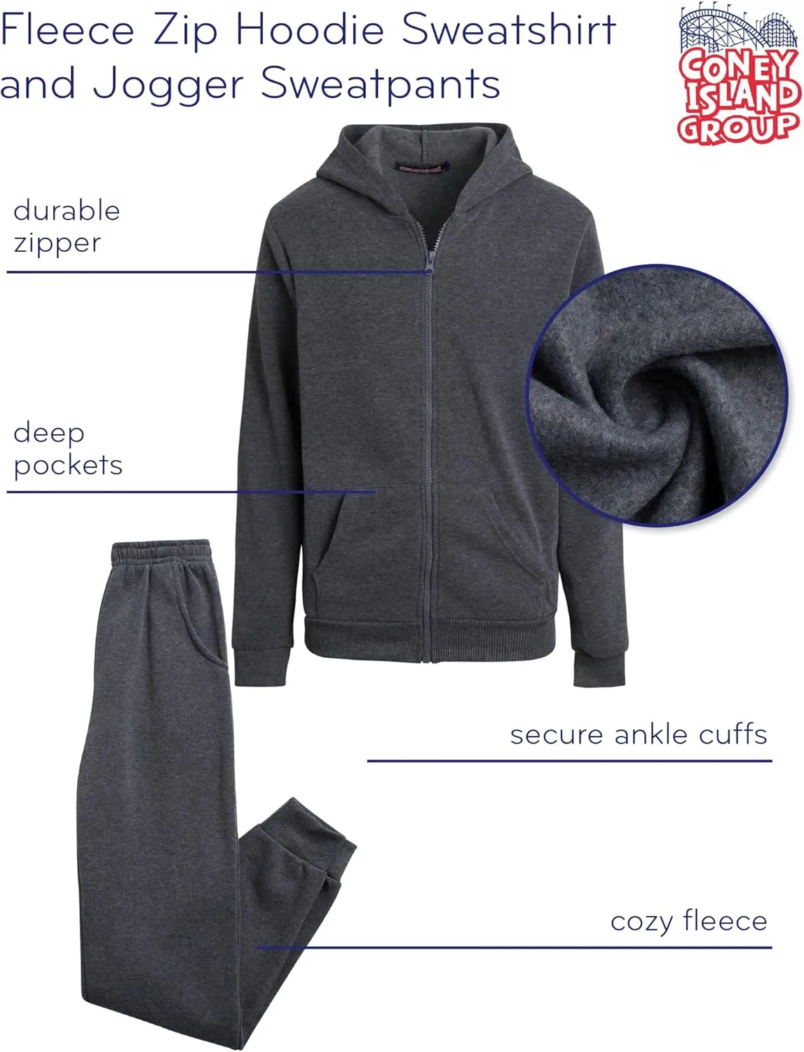 Coney Island Boys Active Tracksuit Set - 2 Piece Fleece Zip Up Hoodie Sweatshirt and Jogger Sweatpants for Boys (Sizes: 5-16)