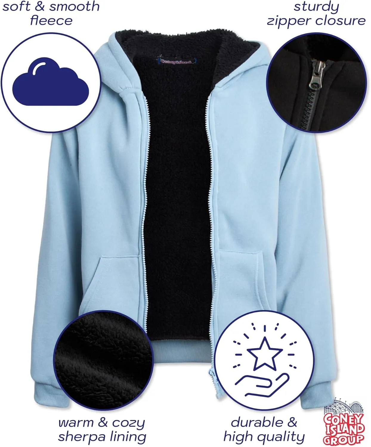 Coney Island Boys Sweatshirts - Cozy Warm Sherpa Lined Soft Fleece Zip Up Hoodie Sweatshirt for Boys (Sizes Run Small: 4-16)