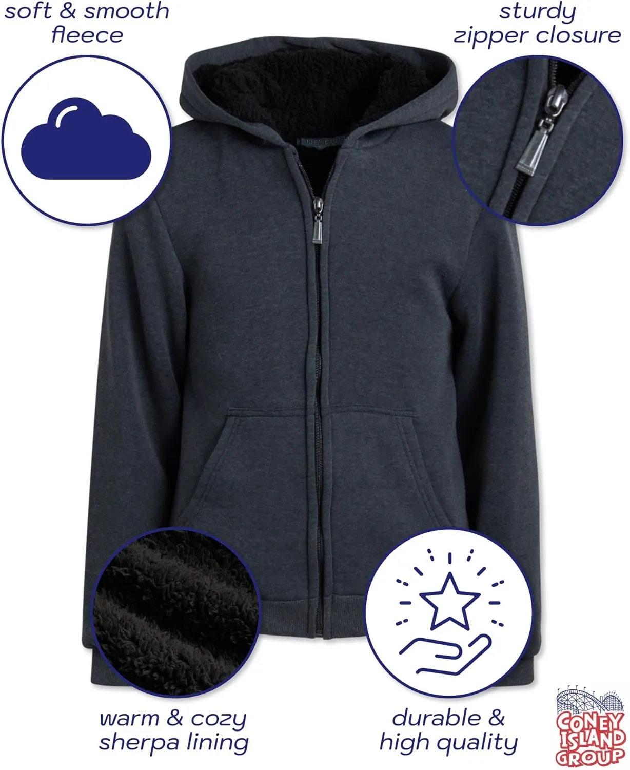 Coney Island Boys Sweatshirts - Cozy Warm Sherpa Lined Soft Fleece Zip Up Hoodie Sweatshirt for Boys (Sizes Run Small: 4-16)