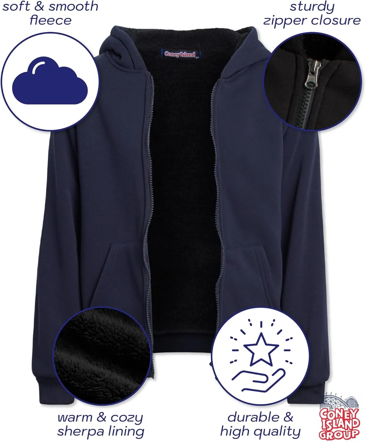 Coney Island Boys Sweatshirts - Cozy Warm Sherpa Lined Soft Fleece Zip Up Hoodie Sweatshirt for Boys (Sizes Run Small: 4-16)