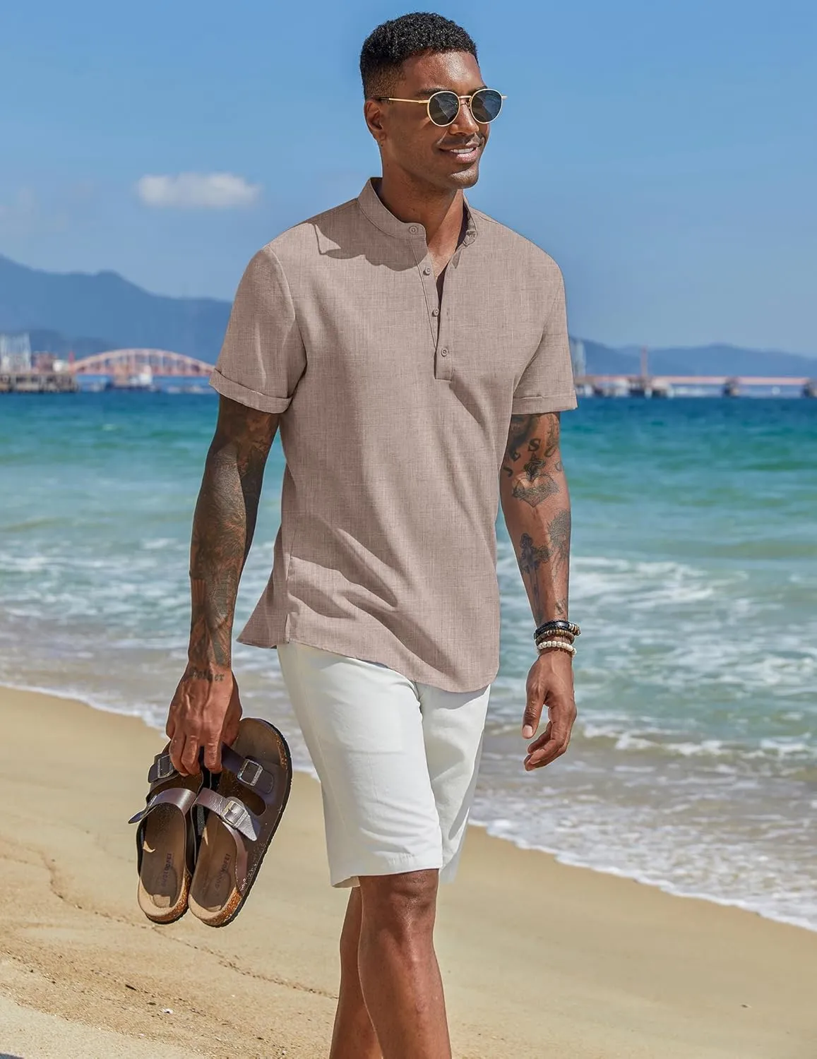 COOFANDY Men's Casual Linen Henley Shirts Short Sleeve Band Collar Summer Beach Vacation T-Shirts
